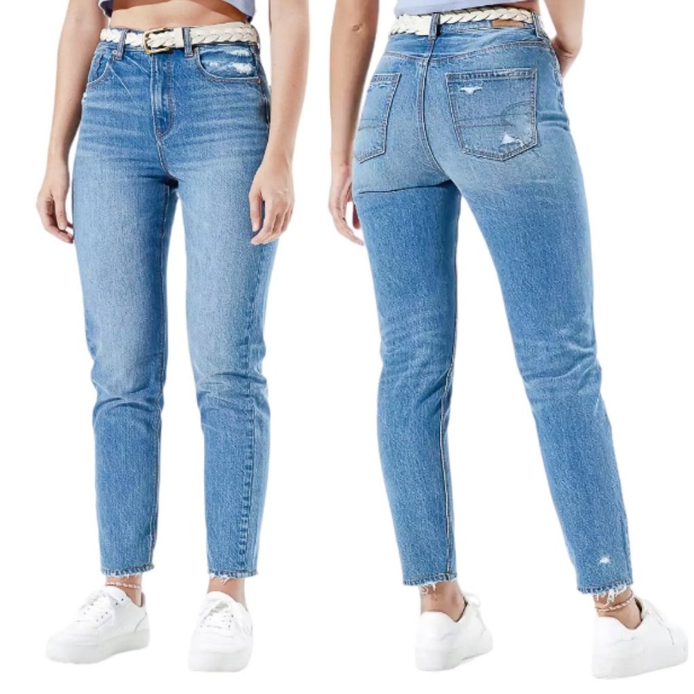 American Eagle Mom Jean in Blue Path Medium Wash Denim Jeans Size 10 Long
